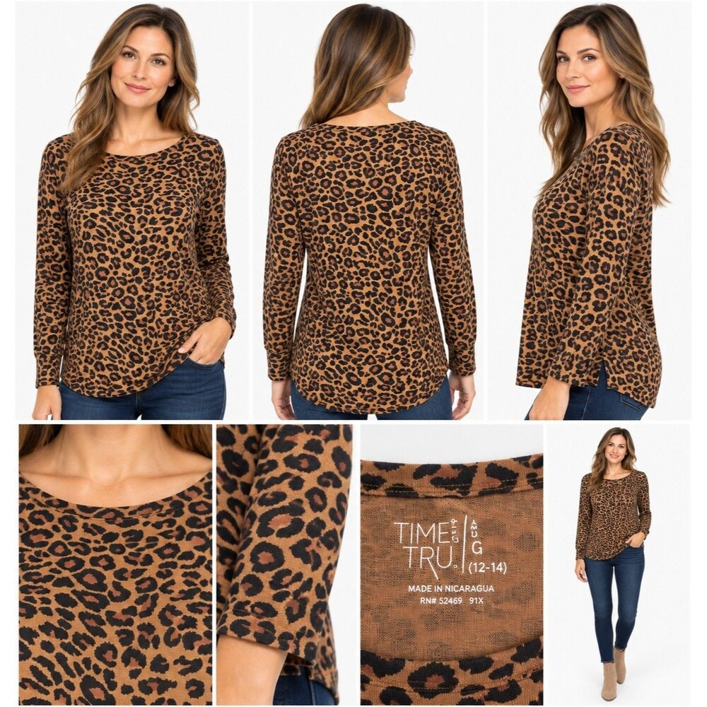 Time and Tru Women’s Large 12-14 Leopard Animal Print Long Sleeve Tunic Top